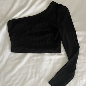 Black ribbed one shoulder long sleeve crop with back cutouts